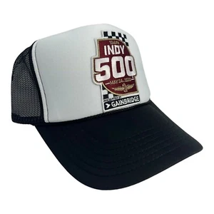 INDY 500 RACE RACING BLACK WHITE HAT 5 PANEL HIGH CROWN TRUCKER SNAPBACK VINTAGE - Picture 1 of 3