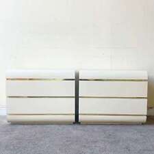 Postmodern Cream Lacquer Laminate Bullnose Nightstands With Gold Paneling