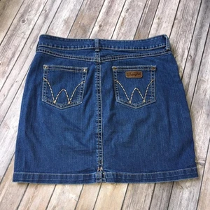 Wrangler Jean Skirt JR Women 11 L Embroidered Patch Pocket Mini Pencil Denim - Picture 1 of 4