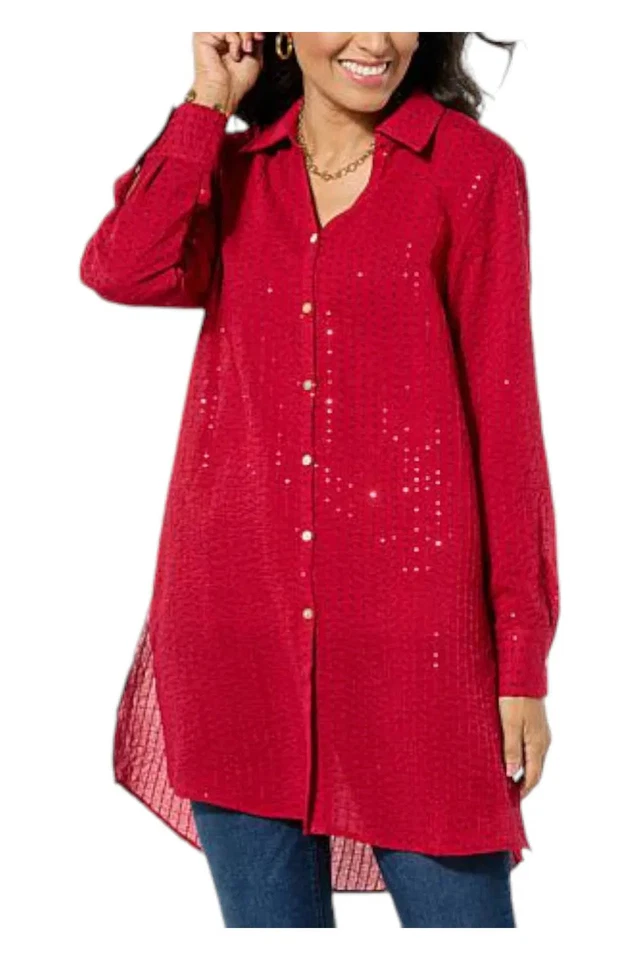Túnica Colleen Lopez para mujer con botones delanteros lentejuelas roja rosa Foto 1 de 1
