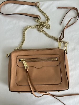 Bolso Bandolera Rebecca Minkoff Cuero Tostado Cremallera con Correa de Cadena Dorada Foto 1 de 4