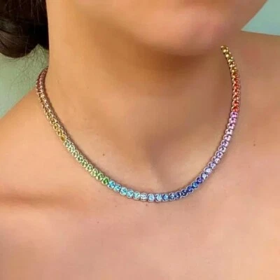 55 Ctw Round Cut Rainbow Sapphire 14k White Gold Plated Wedding Tennis Necklace! - Image 1 of 4
