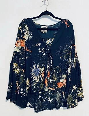 Jaase Anthropologie Top Womens Large Navy Blue Floral Bell Sleeve Crochet Trim - Image 1 of 4