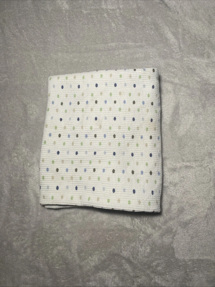 Baby Blanket White Thermal Waffle Weave Polka Dots Blue Green Tan Circles 25x40 - Image 1 of 3