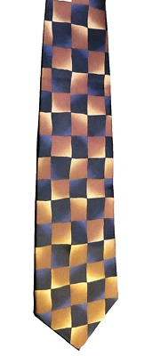 巨石阵高品质手工制作男式丝绸领带,海军蓝,黄色,棕褐色棋盘 — 第 1/4 张图片