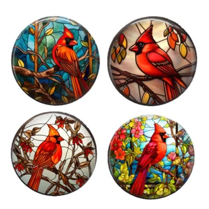 Set of 4 Cardinal Bird Fridge Magnets Faux Stained Glass Art Prints 2 inch Each - Picture 1 of 6