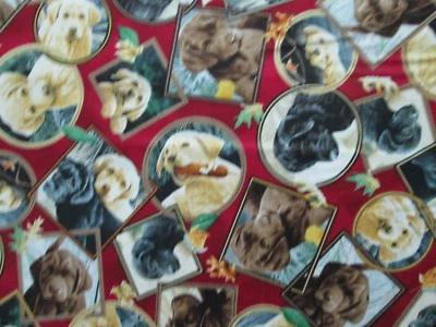 PUPPIES DOGS BREEDS REALISTIC BLOCKS CIRCLES DIGITAL RED COTTON FABRIC FQ - Image 1 of 4