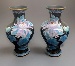 Antique pair Chinese cloisonne floral vases  - Picture 1 of 12