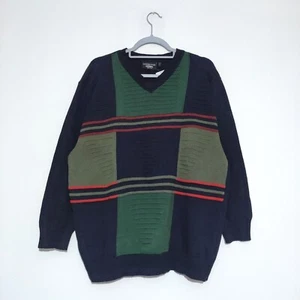 Vintage 80s Italian V Neck Navy Blue Green Colour Block Jumper XL Cotton Acrylic - Picture 1 of 13