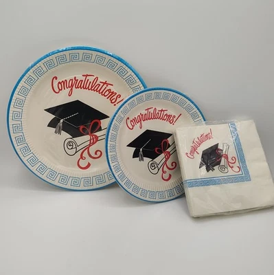 Vtg Amscan Graduation Paper Plates Napkins "Congratulations!" Blue Greek Scroll - Image 1 of 4
