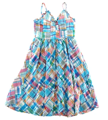 Vestido de sol vintage The J. Peterman Company rosa azul a cuadros algodón bolsillo 10 Foto 1 de 4