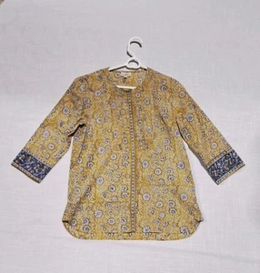 Anokhi Cotton Easy Blouse Button Blue Floral Medium Artisan Yellow Shirt Top - Picture 1 of 20