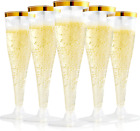 100 Pack Plastic Champagne Flutes, 4.5 Oz Gold Rim Glasses, Disposable Clear Toa