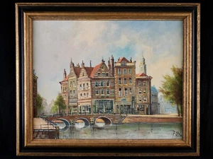 Vintage Framed Original Impressionist Cityscape Oil on Canvas "Amsterdam Canal" - Picture 1 of 15
