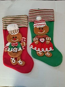2 Gingerbread Christmas Stockings Boy/girl Set By At Home NEW 18" X 8" Colorful - Picture 1 of 6