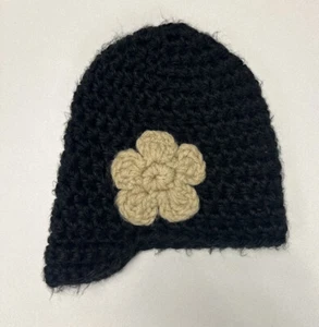 Handmade Crochet Infant Little Girls Black Beanie With Beige Handmade Flower - Picture 1 of 7