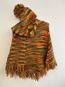 VTG Handmade Knit Poncho, Scarf & Hat Fringe 70s Yellow, Orange, Green -One Size - Picture 1 of 15