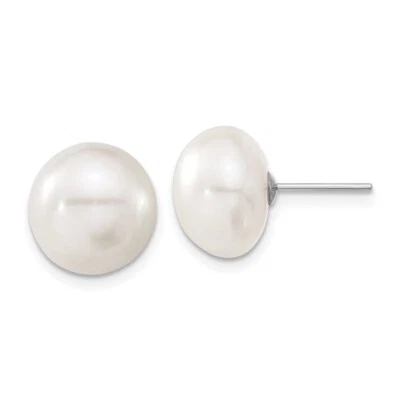 10k White Gold 11-12mm White Button Freshwater Cultured Pearl Stud Post Earrings - Image 1 of 3