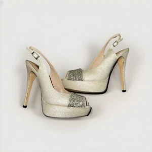 ESSENCE MENBUR Champagne & Silver Sequins Metallic Fabric Heels Sz EU 37/US 6.5 - Picture 1 of 12