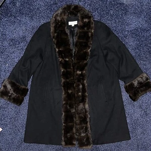 Vintage Women’s Albert Nipon Black Wool Swing Coat Faux Fur Collar/Cuffs Size XL - Picture 1 of 9