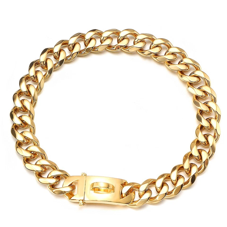 Collar de cadena para perro de eslabones cubanos de acero inoxidable tono dorado pesado de 15/19 mm 10-26" Foto 1 de 4