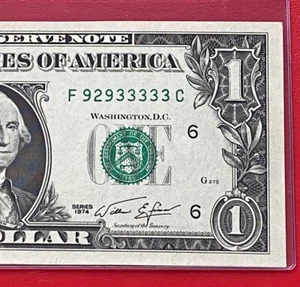 1974 $1 Dollar Fancy Serial Number Lucky 33333-5 In A Row (ATLANTA F ) UNC - Picture 1 of 3