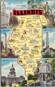 Vintage ILLINOIS State Map / Multi-View Postcard 6 Scenes / Colourpicture Chrome - Picture 1 of 2