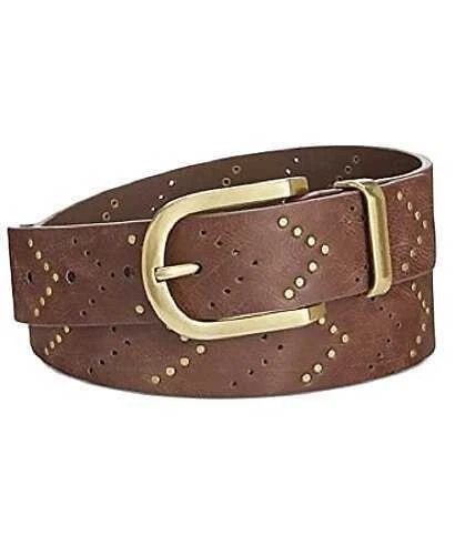 Med Style Co Vintage Studded Arrowheads Distressed Leather Womens Belt Brown