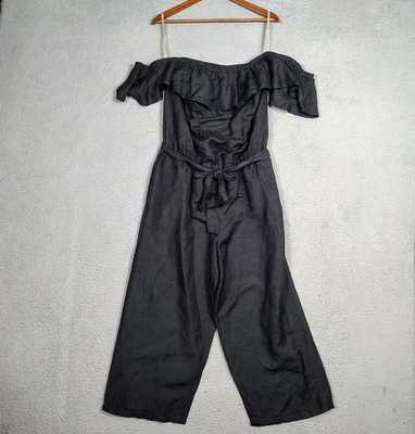 Tommy Bahama Jumpsuit Women's XL Black Linen Blend Belted Waist Off-The-Shoulder - Image 1 of 4