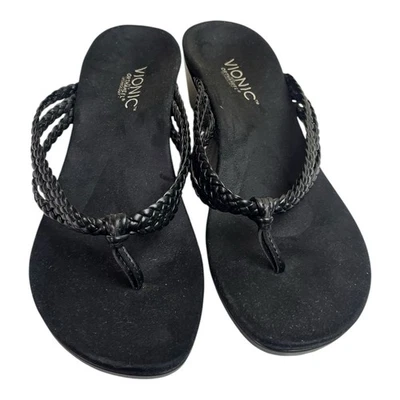 Vionic Black Leather Braided Strap Ramba Wedge Heel Sandals Thongs Women's Sz 8 - Image 1 of 4
