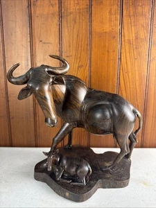RARE 1960's Large Solid Mahogany Wood Water Buffalo/CALF Hand Carved Sculpture - Picture 1 of 14