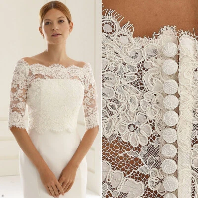 Brautkleid Topper Jacke Für Braut Spitze 3/4 Arm Weiß Ivory Brautzubehör - Bild 1 von 4