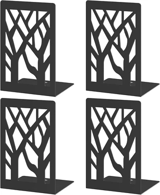 Bookends 4 Pieces, Modern Metal Bookends for Shelves, Black Tree Book Ends for B