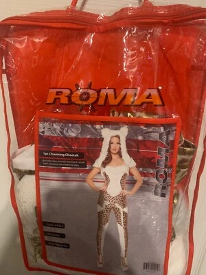 New Roma Charming Cheetah Sexy Kitty Cat Costume Adult Sz M Catsuit Hood Ears - Image 1 of 4