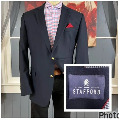 Stafford Blazer Mens 48L Long Wool Golden Buttons Navy Suit Jacket Sport Coat - Image 1 of 4