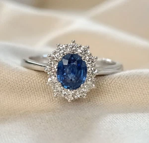 Anello fiore oro Bianco 18 kt ZAFFIRO BLU naturale e DIAMANTI mod. Lady Diana - Imagen 1 de 12