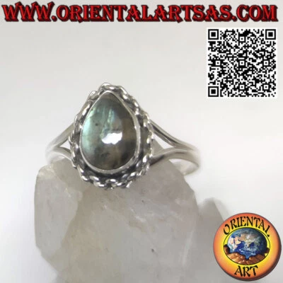 Anello in argento 925 ‰ con Labradorite naturale  a goccia contornata intreccio - Immagine 1 di 4