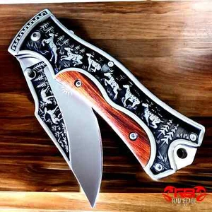 9" Brown wood Handle Dragon SPRING Hunting Engraved Blade Folding Pocket Knife - Picture 1 of 5