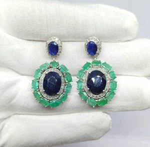 Diamond Emerald Earring Sapphire Gemstone Anniversary Earring Gift For Women - Picture 1 of 2