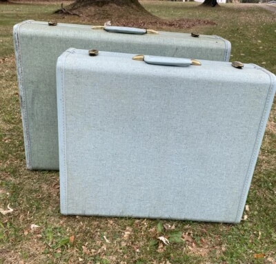 Vintage 50s Samsonite Blue Teal Suitcase Luggage 2Pc Set Turquoise Hard Shell - Image 1 of 4