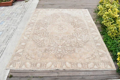 Alfombra Turca Oushak 204x280cm Vintage Color Desteñido Medallón Diseño Floral 6x9 Foto 1 de 4