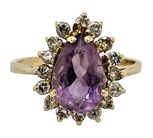 14K Plumb Yellow Gold Pear Cut Amethyst Diamond Halo Ring Size 9.5 4.48 Grams - Picture 1 of 6