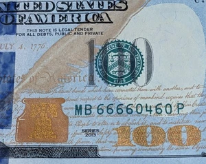 US $100 Dollar Bill 2013 Fancy Serial # Solid Quad Four-in-a-Row 6666's - Picture 1 of 6