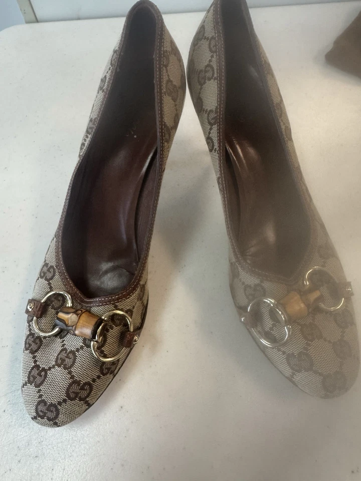 Холщовые туфли на каблуке GUCCI GG Horsebit - Изображение 1 из 2