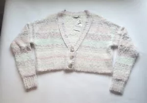 Arizona Cardigan Womens S White Cropped Fuzzy Sweater Soft Pastel Spring Girly - Picture 1 of 6