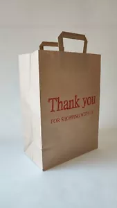 Kraft Natural Brown Paper Shopping Carry Bags Flat Fold Handles Printed Thank... - Picture 1 of 4
