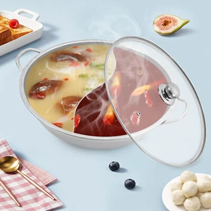 34cm Hot Pot W/ Divider Shabu Shabu Pot & Glass Lid Stainless Steel Hot Pot - Picture 1 of 11