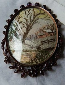 Garnet Encrusted Frame w/Curved Glass Silk Scenic Needlepoint Mid 19C - Picture 1 of 4