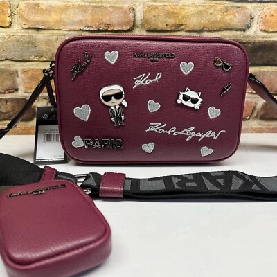 Karl Lagerfeld Paris Maybelle Cate Pins Camera Crossbody Bag Red Plum Burgundy - Image 1 of 4