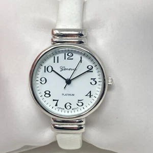 Geneva Watch Women 31mm Silver Tone White Hinged Cuff Round New Battery SMALL 6" - Picture 1 of 14